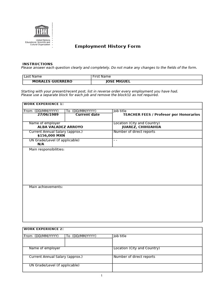 UNESCOEmploymentHistoryForm Updated Template Final | PDF