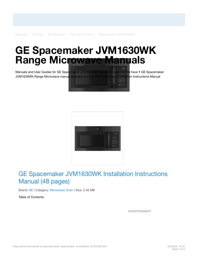 GE Spacemaker JVM1630WK Installation Guide | PDF