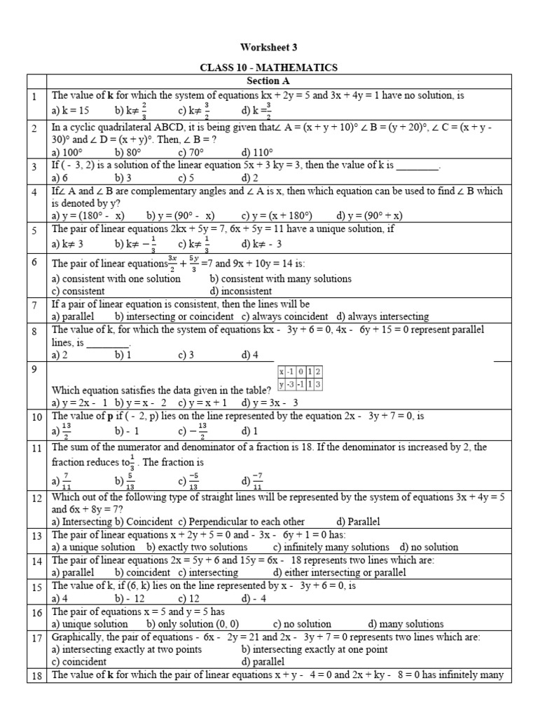 Class 10 Mathematics Worksheet Solutions | PDF | Equations | Algebra
