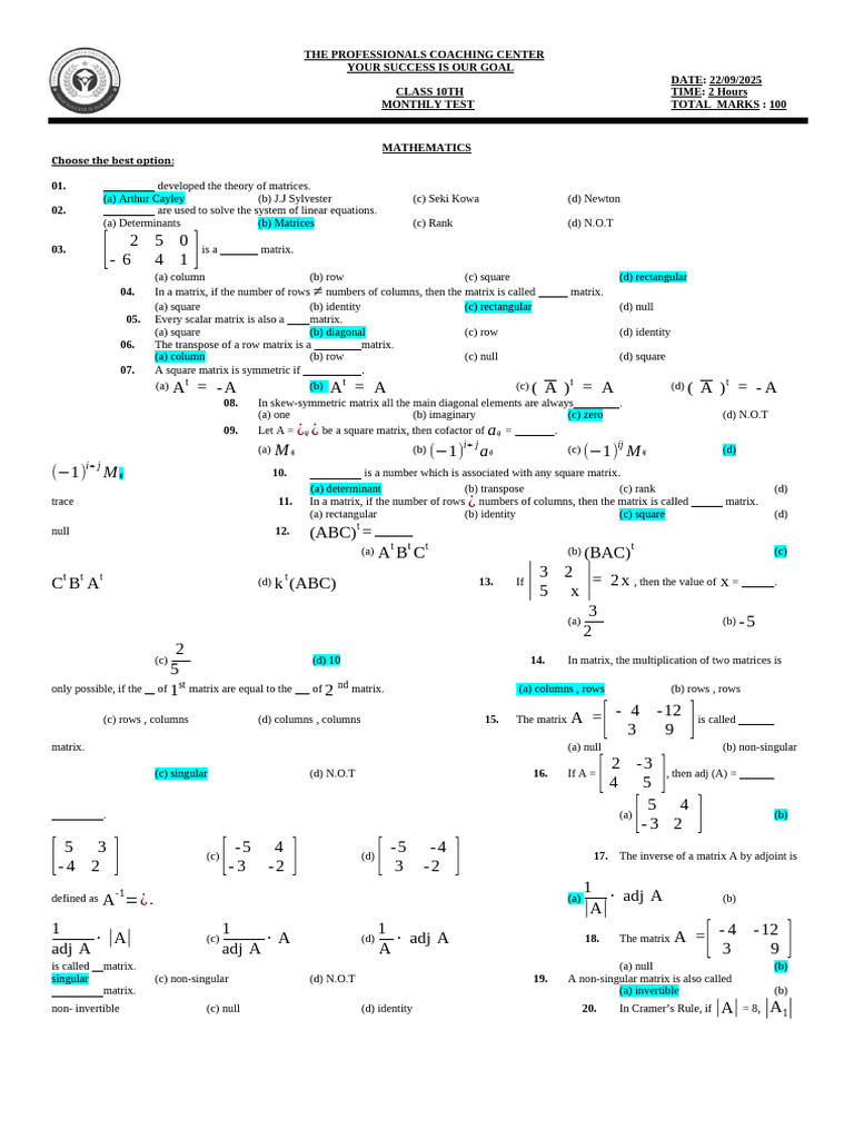 Class 10 Monthly Math Test on Matrices | PDF | Matrix (Mathematics ...