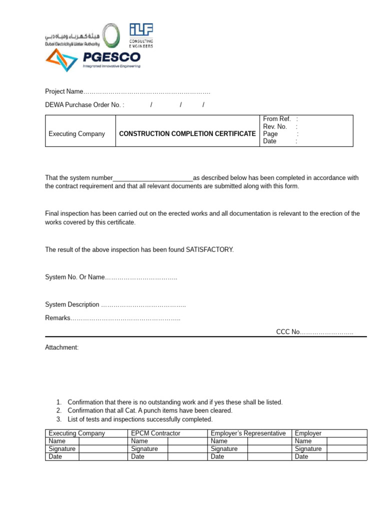 Construction Completion Certificate Template | PDF