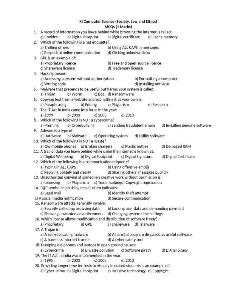 Computer Science MCQs on Cyber Safety and Ethics | PDF | Copyright ...