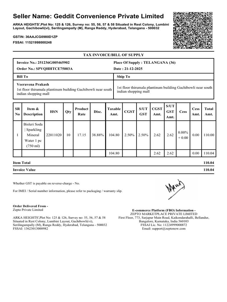 GST Invoice for Bisleri Soda Purchase | PDF | Payments | Sales