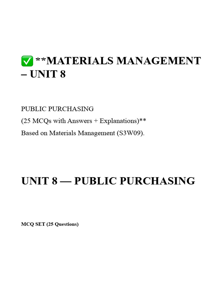 Public Purchasing MCQs with Answers | PDF | Procurement | Supply Chain