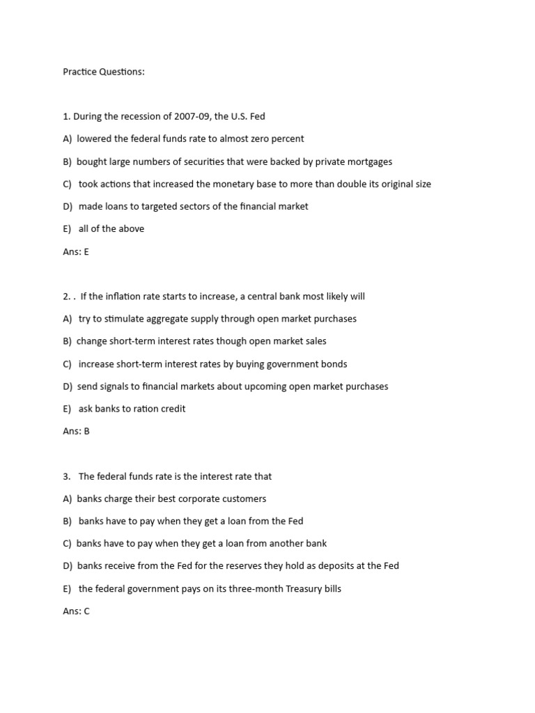 Federal Reserve Practice Questions Guide | PDF | Interest Rates | Interest