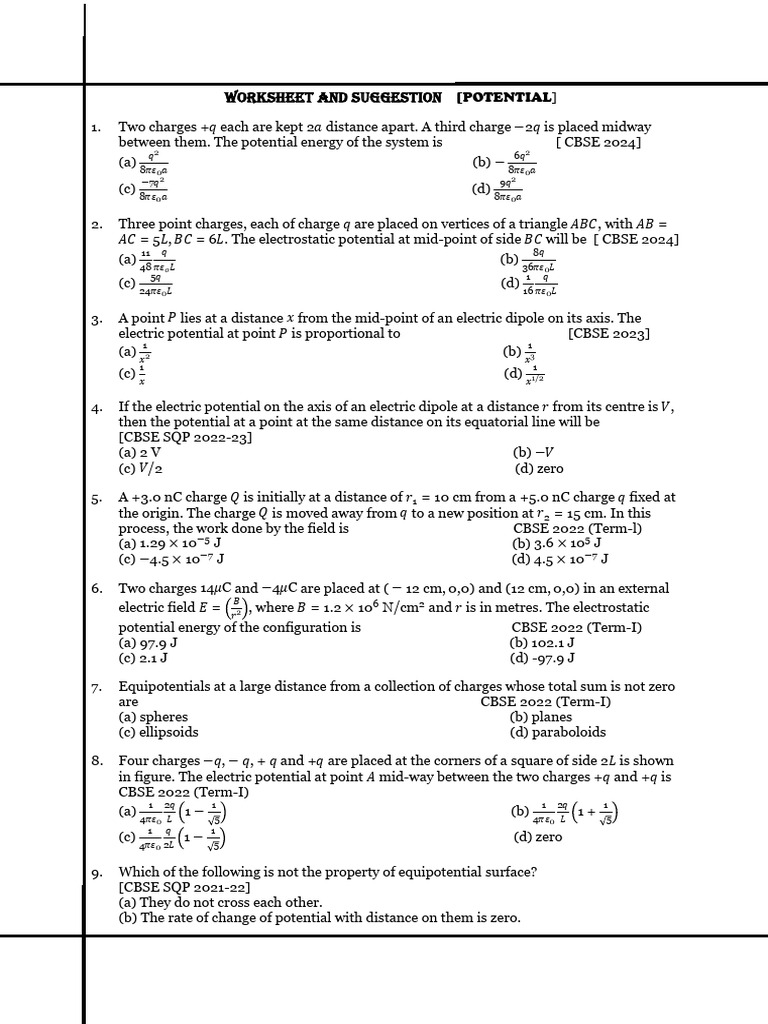 Worksheet For Potential | PDF | Electric Field | Theoretical Physics