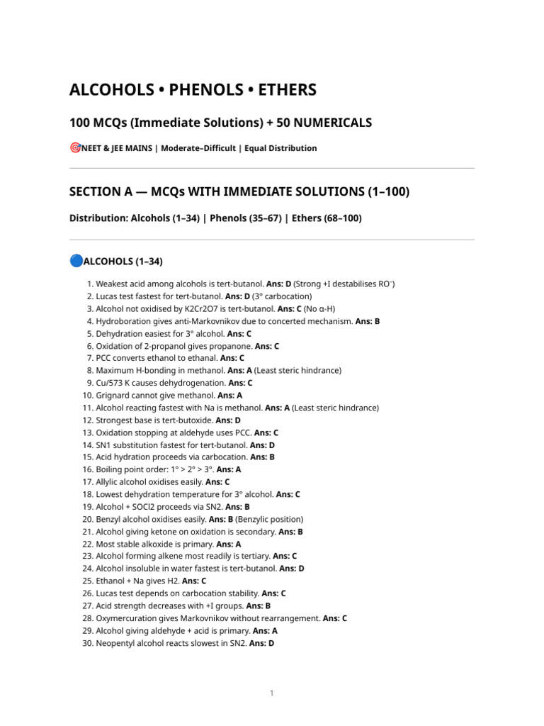 MCQs & Numericals on Alcohols, Phenols, Ethers | PDF | Ether | Organic ...