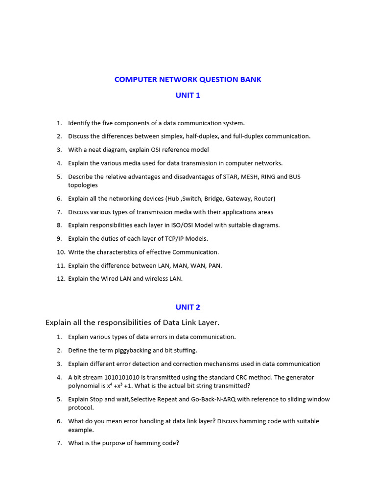 CN Question Bank of UNIT 1 and Unit 2 | PDF