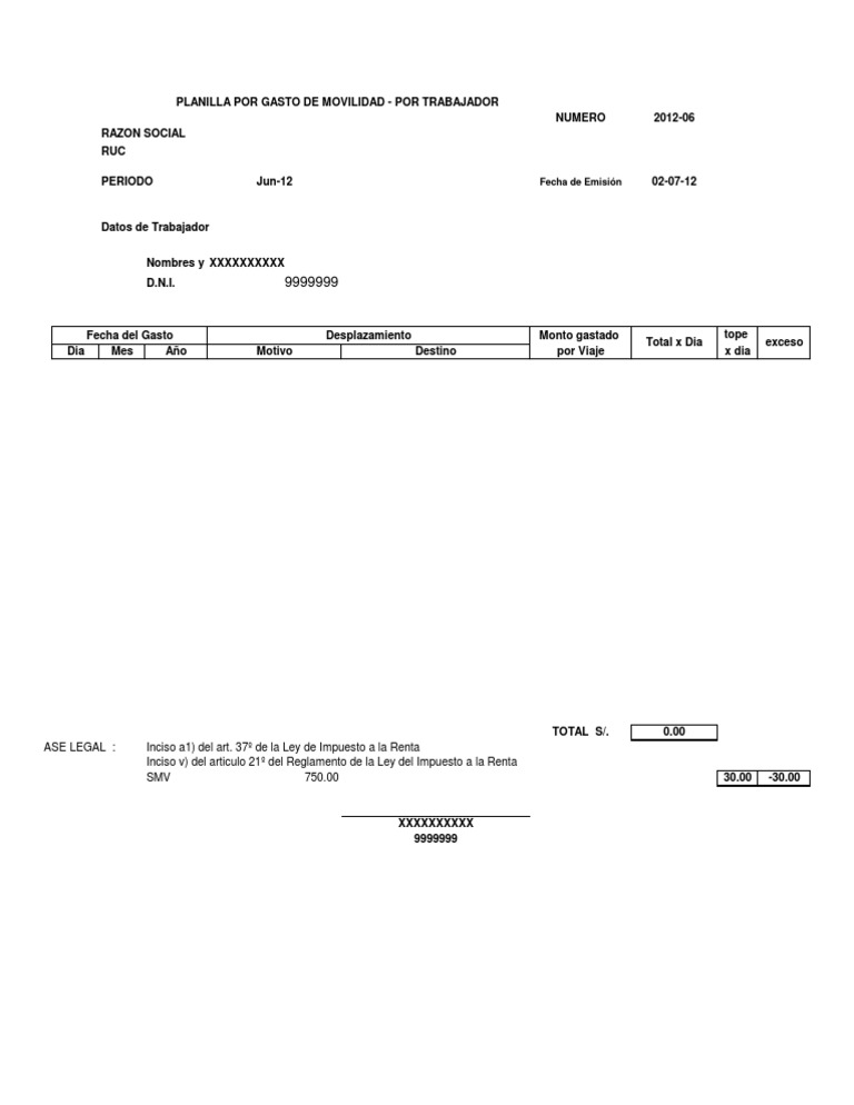 Planilla Movilidad Por Mes Modelo