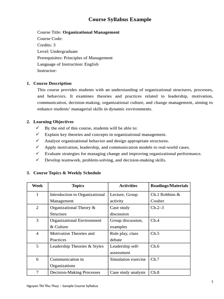 Organizational Management Course Syllabus | PDF | Leadership | Motivation