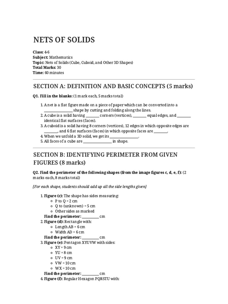 Nets of Solids Worksheet | PDF | Length | Shape