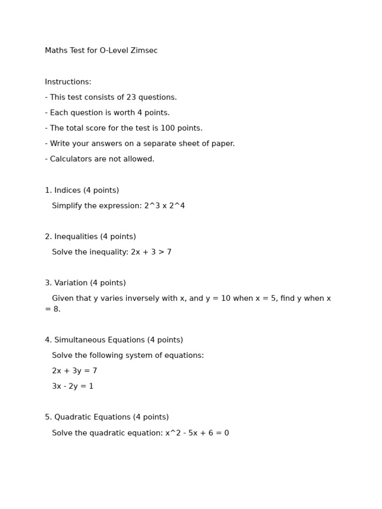 O-Level Zimsec Maths Test Sample | PDF