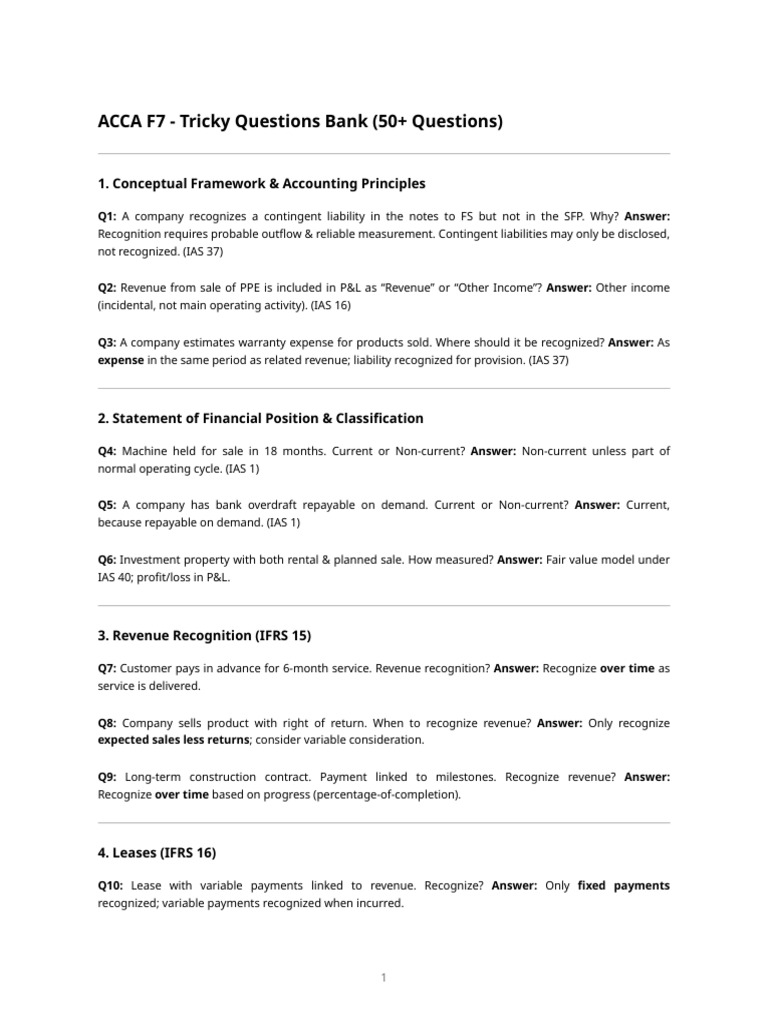 ACCA F7 Tricky Questions Bank Guide | PDF | Income Statement | Revenue