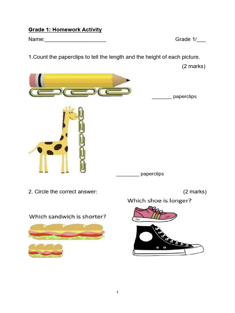 Grade 1 Homework Activity Sheet | PDF