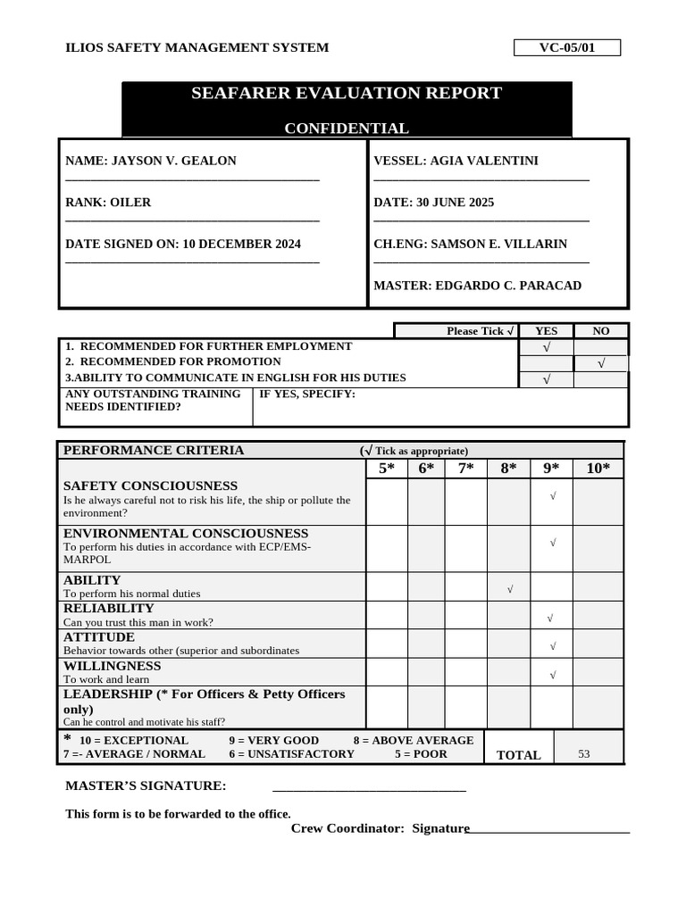 Seafarer Evaluation Report: Jayson Gealon | PDF