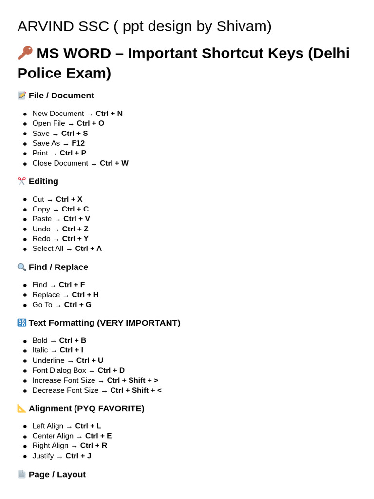 ? MS WORD - Important Shortcut Keys (Delhi Police Exam) | PDF