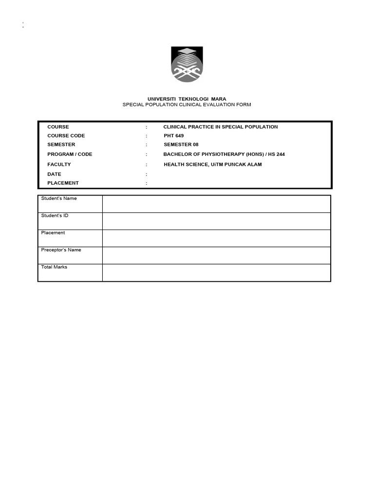 Special Population Clinical Evaluation Form | PDF | Physical Therapy ...