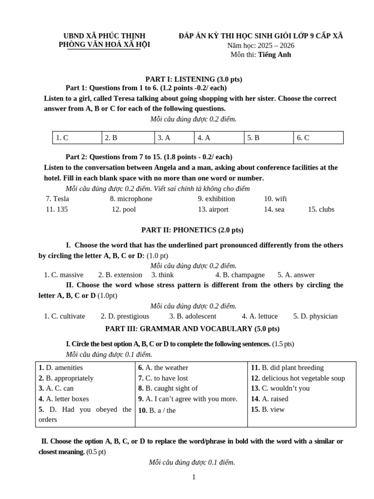 Grade 9 English Exam Answers 2025-2026 | PDF | Linguistics