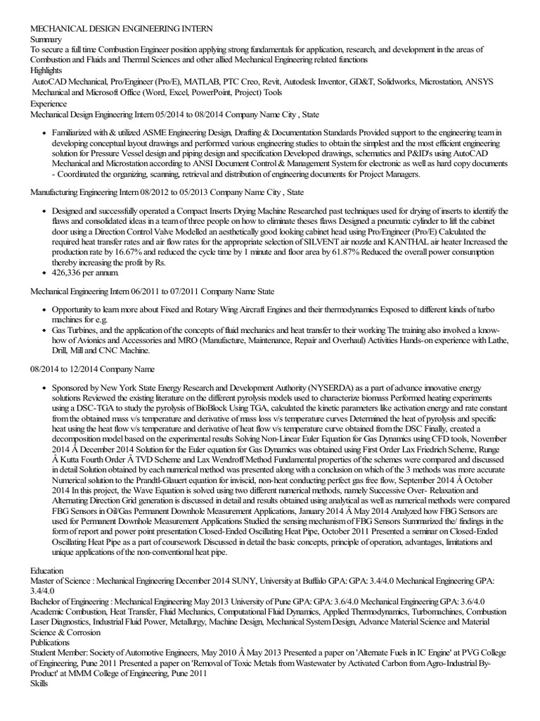 Mechanical Design Engineering Intern Resume | PDF | Heat | Gases