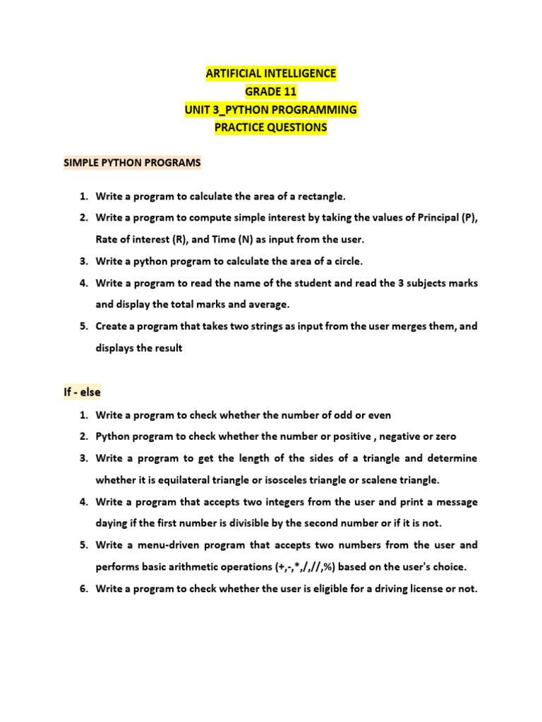 Artificial Intelligence Grade 11 Unit 3 - Python Programming Practice ...