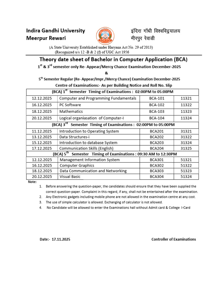BCA December 2025 Exam Date Sheet | PDF | Information And ...
