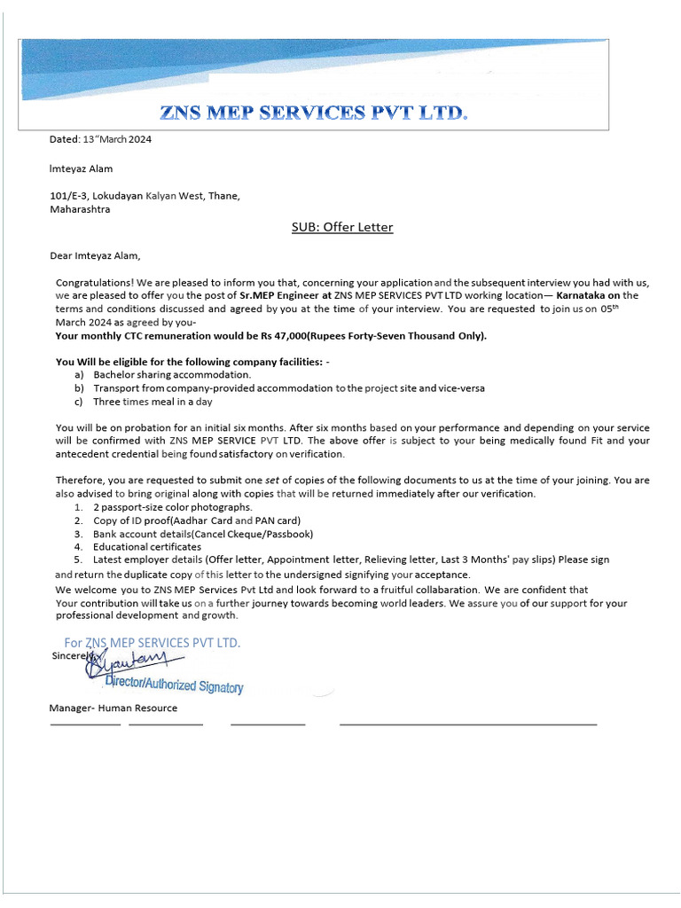 Offer Letter for Sr. MEP Engineer Position | PDF