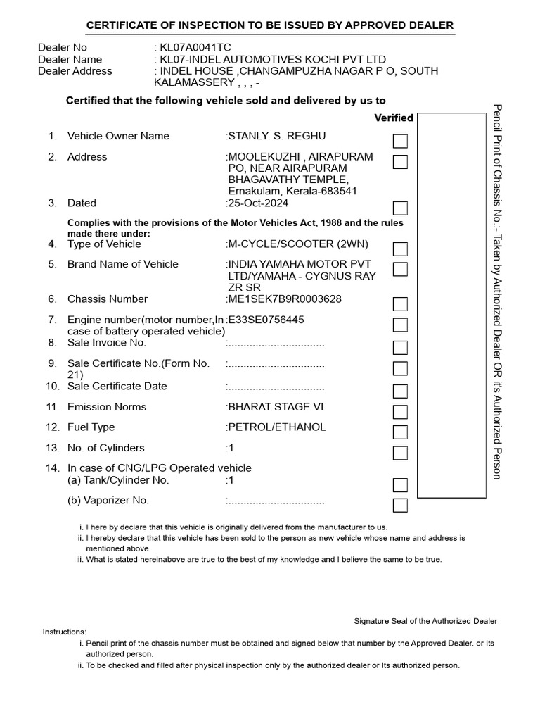 Form Inspection Certificate | PDF | Fuels | Vehicles
