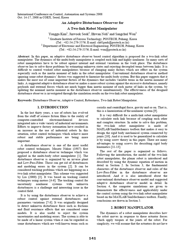 Adaptive Disturbance Observer for Robots | PDF | Robot | Robotics