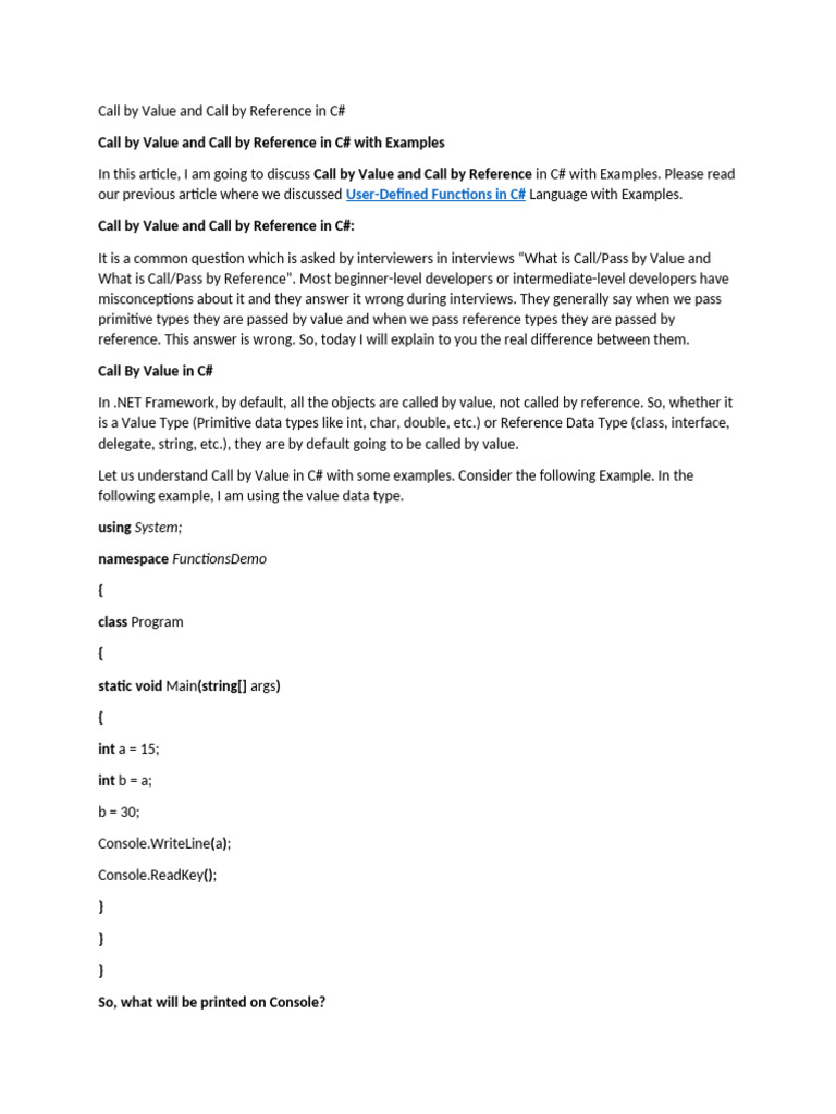 C# Call by Value vs Call by Reference | PDF | C Sharp (Programming ...