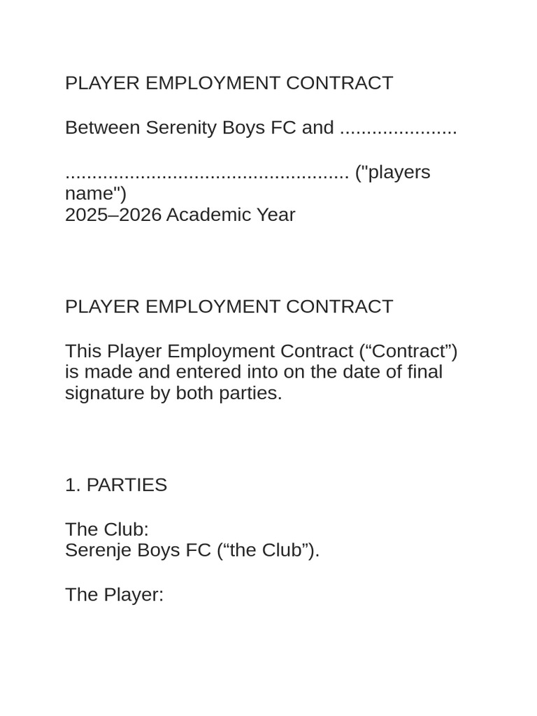 Serenje Boys FC Player Contract 2025-2026 | PDF | Mediation | Employment