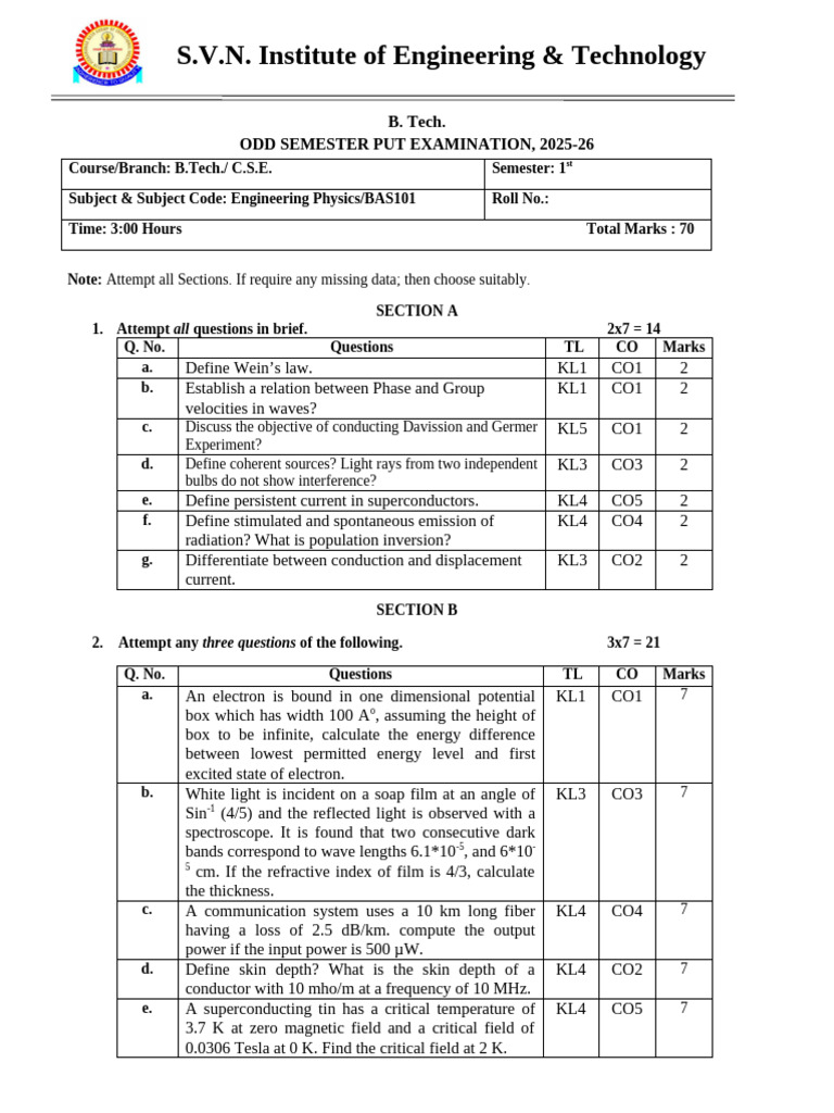 B.Tech Engineering Physics Exam 2025-26 | PDF | Wavelength | Photon