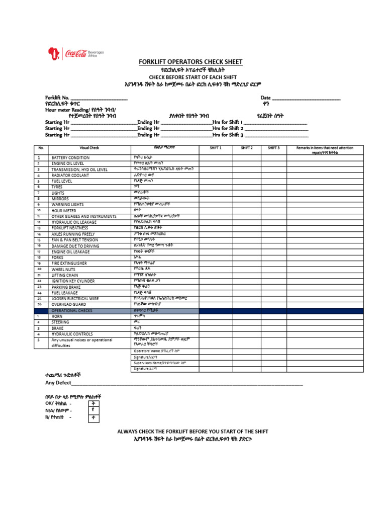 Forklift Operators Daily Checklist | PDF