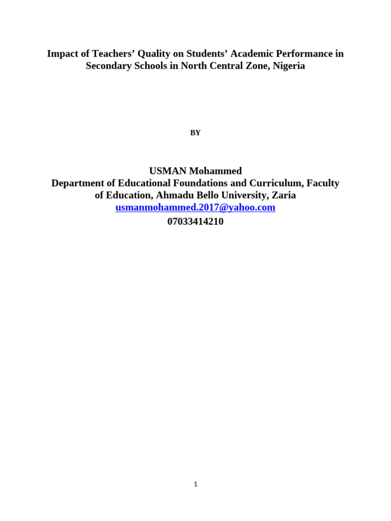 Impact of Teachers’ Quality on Students’ Academic Performance in ...