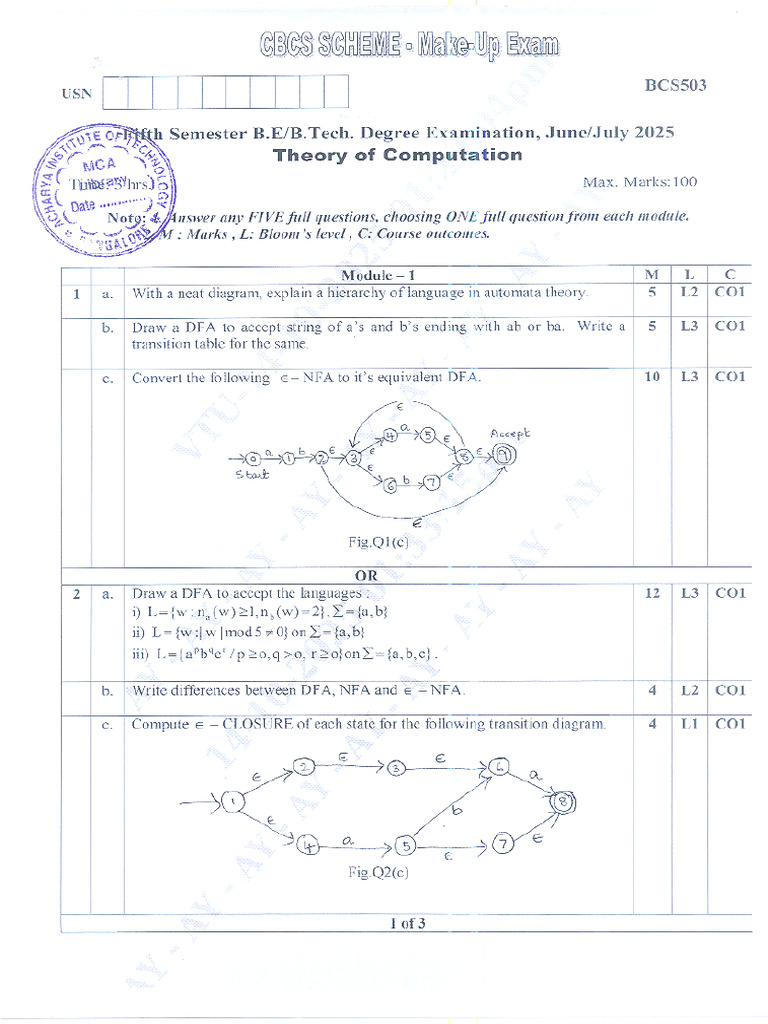 Theory of Computation Makeup Exam- BCS503 | PDF