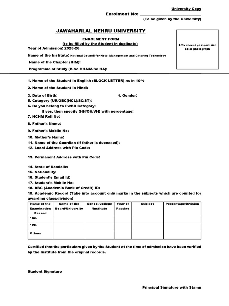 JNU Enrolment Form for 2025-26 | PDF