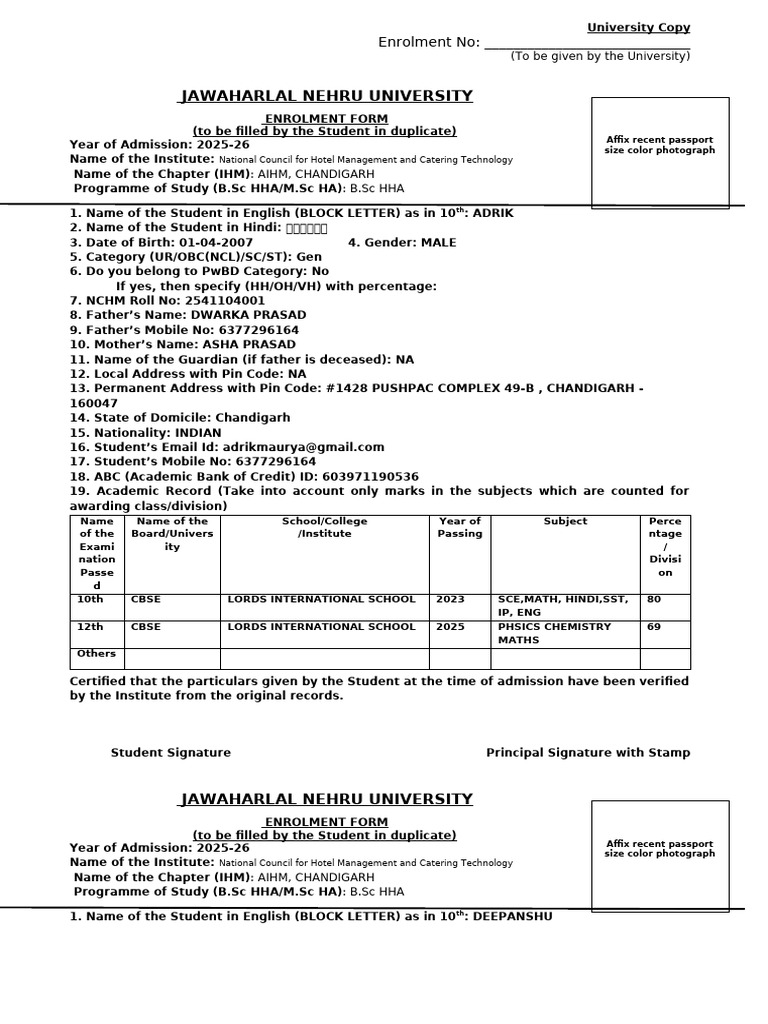 JNU Enrolment Form 2025-26 Guide | PDF