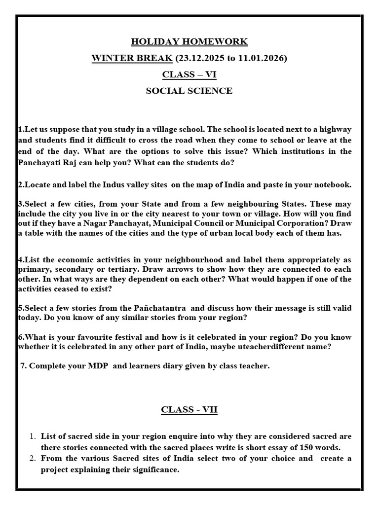 Class VI-IX Winter Break Homework Guide | PDF