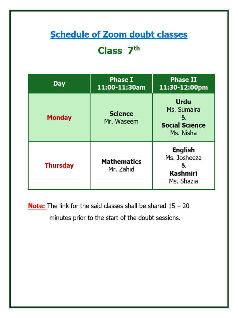 7th Grade Zoom Doubt Class Schedule | PDF