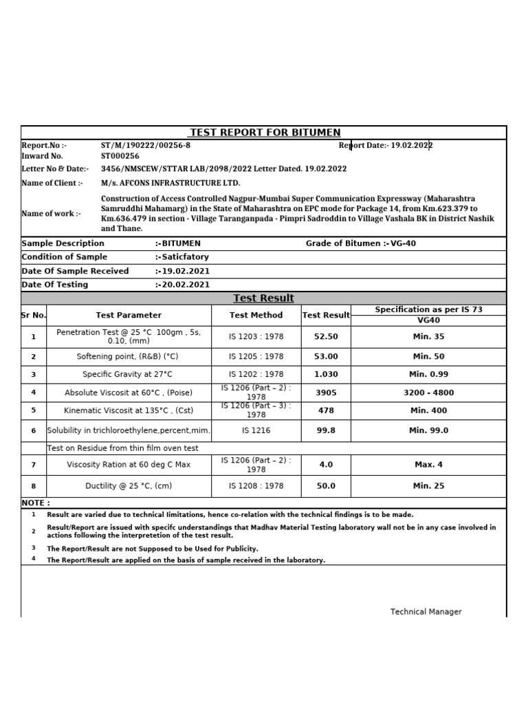 Bitumen VG-40 Test Report Summary | PDF | Viscosity | Physical Sciences