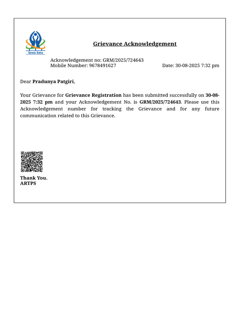 Grievance Acknowledgement Notice | PDF
