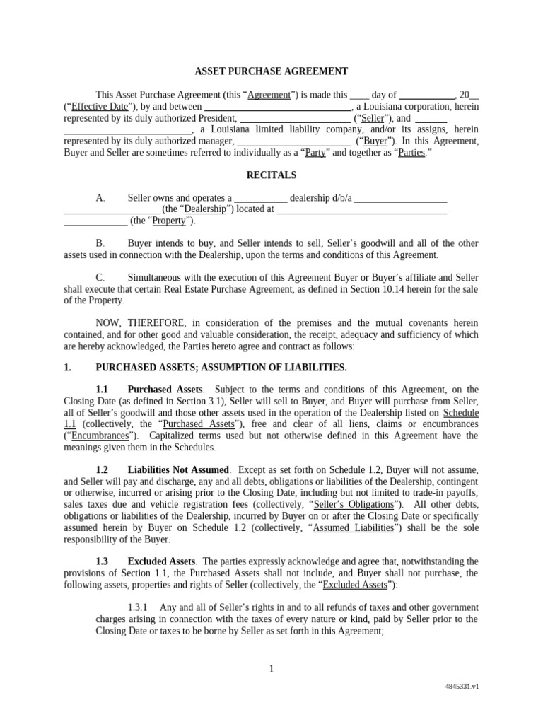 Louisiana Asset Purchase Agreement | PDF | Indemnity | Business