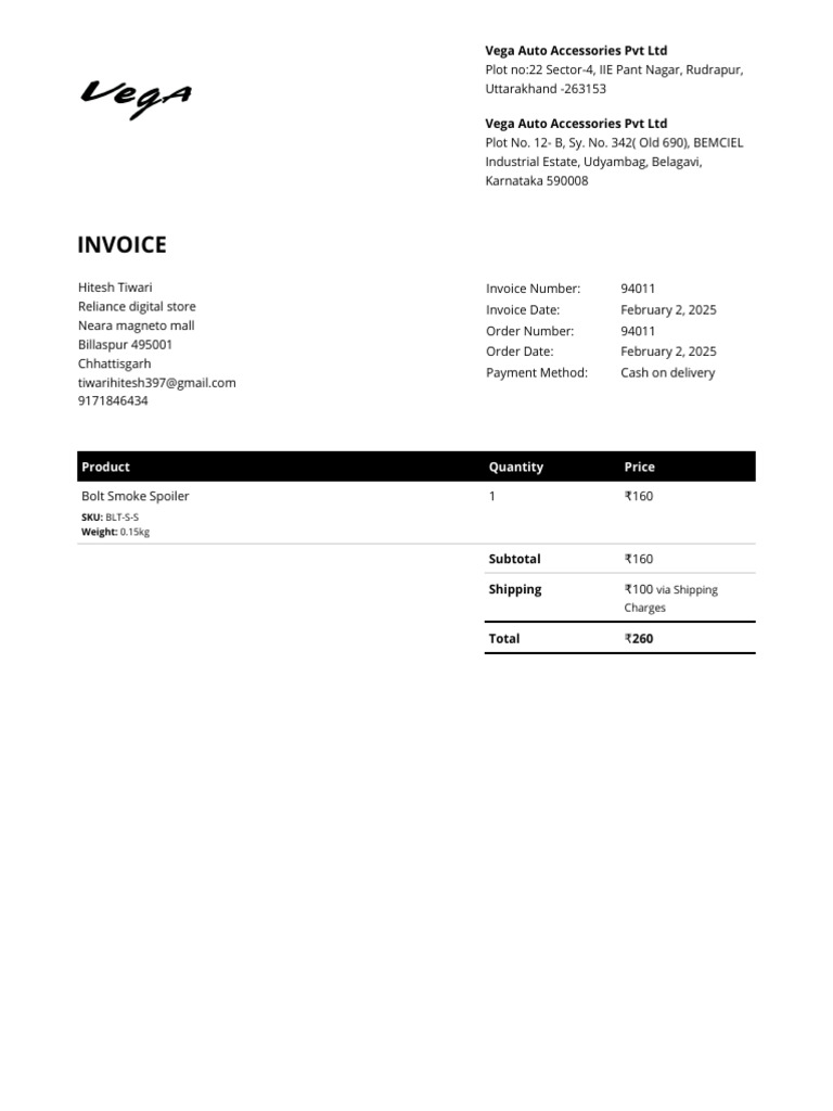 Invoice for Vega Auto Accessories Purchase | PDF