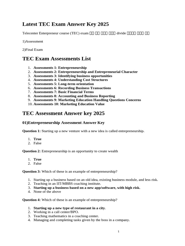TEC Exam Answer Key 2025 Guide | PDF | Balance Sheet | Entrepreneurship