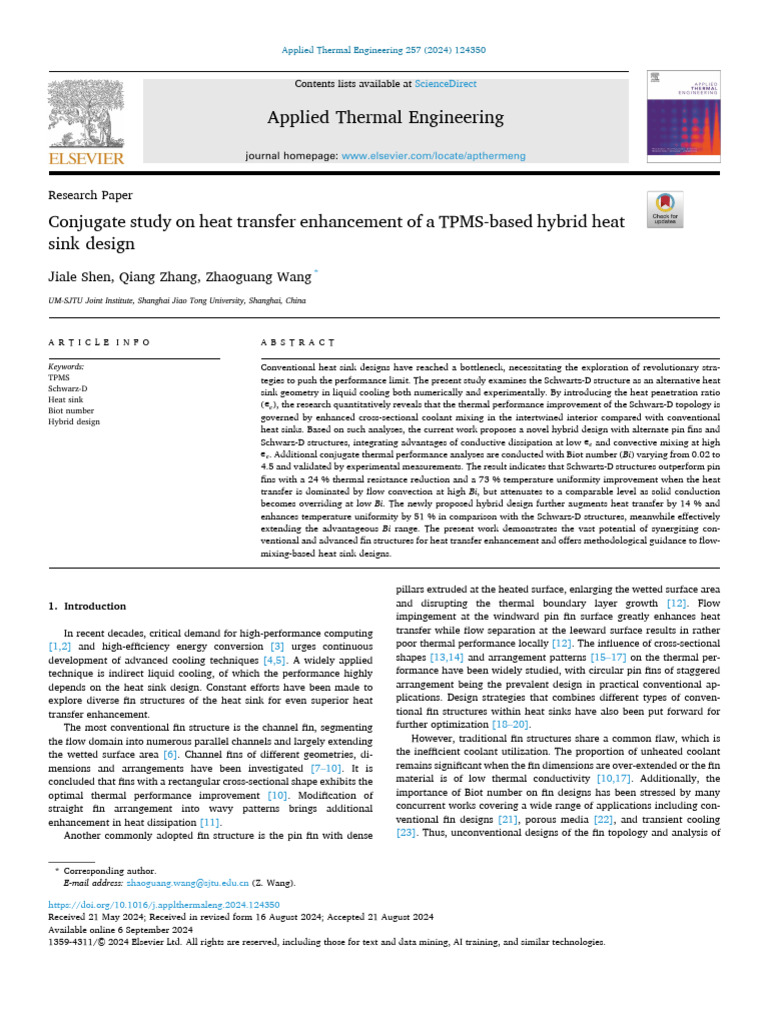 Conjugate Study on Heat Transfer Enhancement of a TPMS-based Hybrid ...