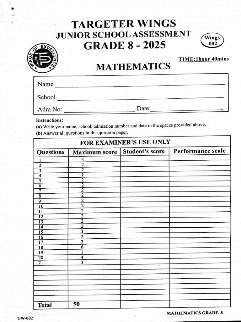Grade 8 002 Targeter Grade All Subjects With Marking Scheme PDF | PDF