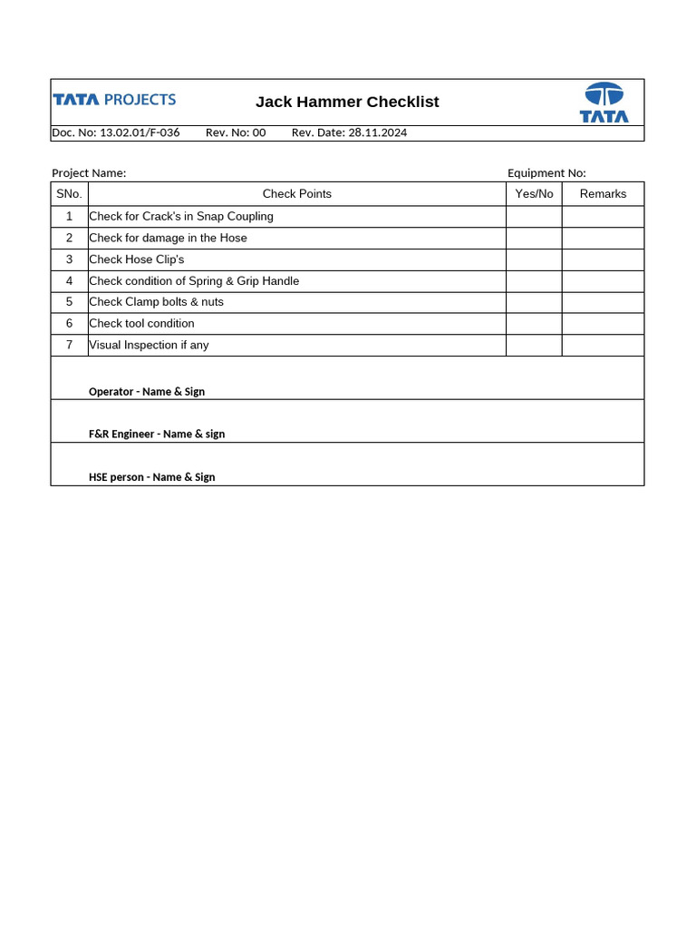 13.02.01 F-036 Jack Hammer Checklist R0 | PDF