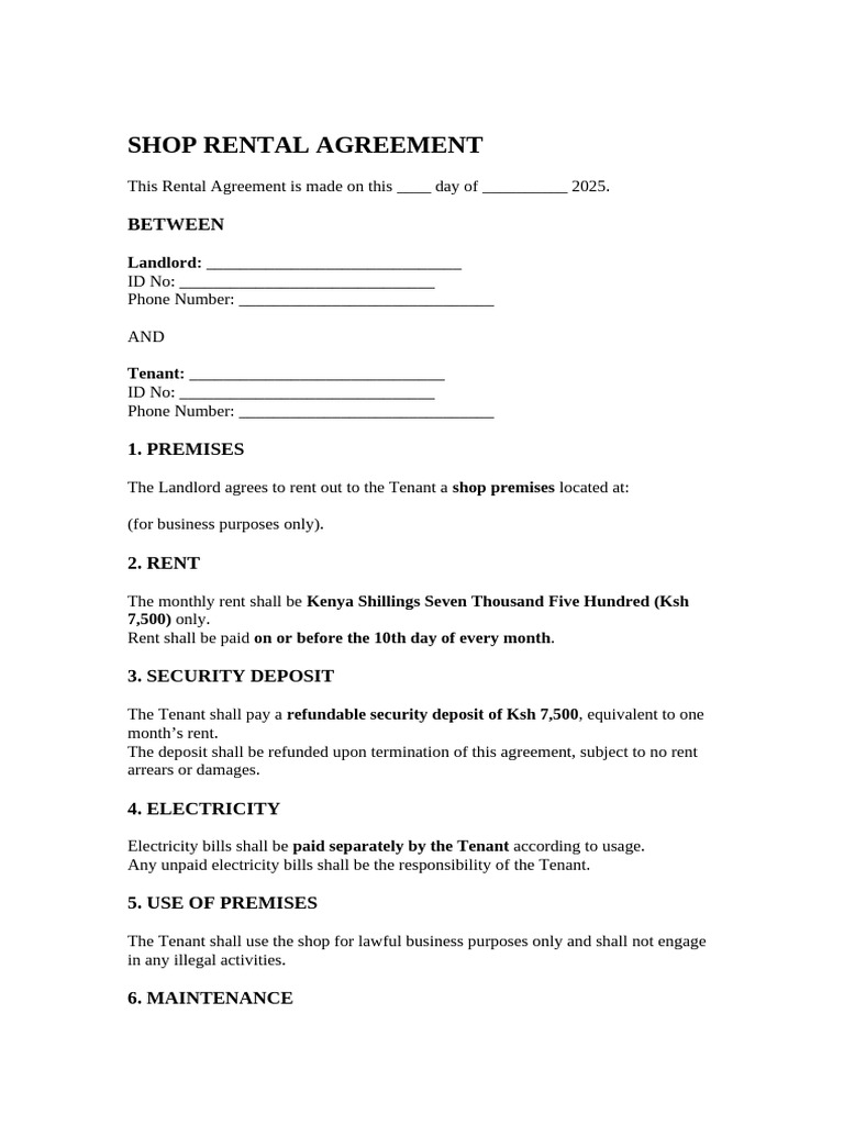 Kenya Shop Rental Agreement Template | PDF
