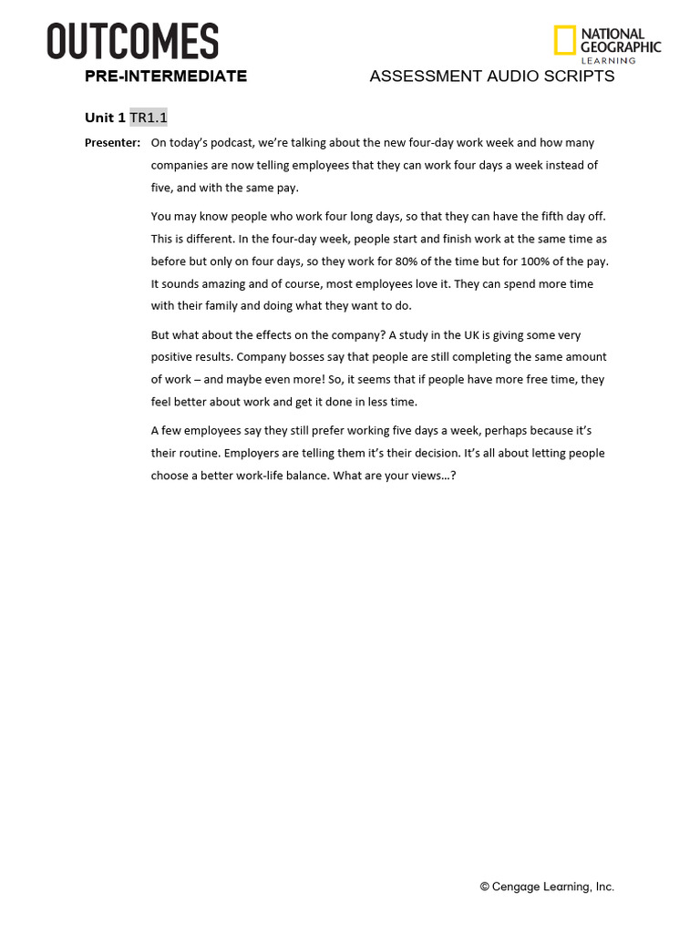Outcomes3e Preintermediate Assessment Test Audio Scripts PDF Units01-08 ...
