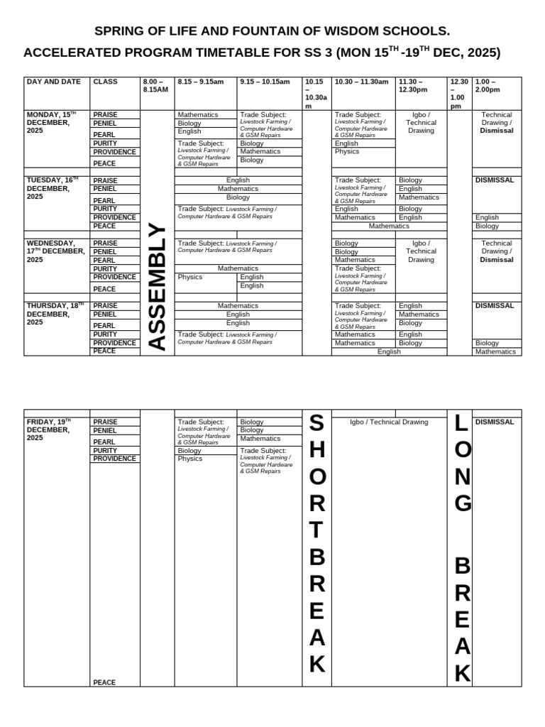 Accelerated Program Timetable For Christmas Classes | PDF
