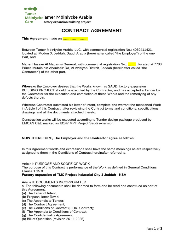 Tamer Mölnlycke Arabia Contract Agreement | PDF | Employment | Business Law